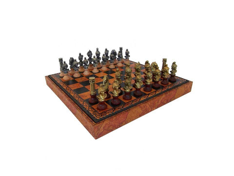 ROMANS: Metal Chess Set with Beautiful Leatherette Chessboard + CHECKER SET