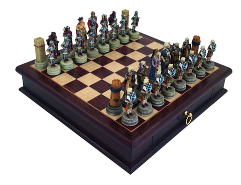 ROMANS vs ARABS: Handpainted Chess Set with Rare wooden Chessboard & Box