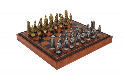 Romans vs Barbarians Chess Set: Metal pieces with Leatherette Chessboard