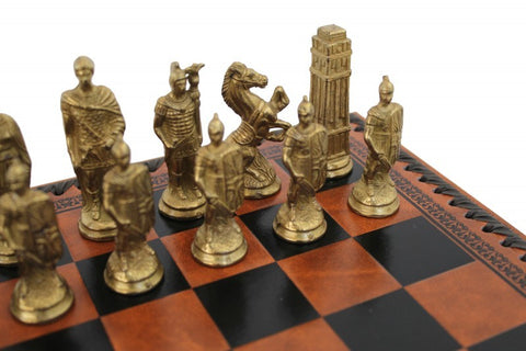 Romans vs Barbarians Chess Set: Metal pieces with Leatherette Chessboard