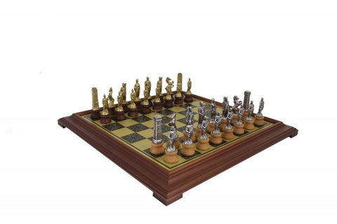 ROMANS vs BARBARIANS: Metal Chess Pieces with Wooden Brass Effect Chessboard