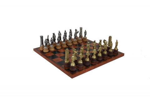 ROMANS VS BARBARIANS: Metal Chess Set with Black/Brown Leatherette Chessboard