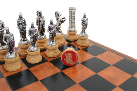 ROMANS VS BARBARIANS: Metal Chess Set with Black/Brown Leatherette Chessboard