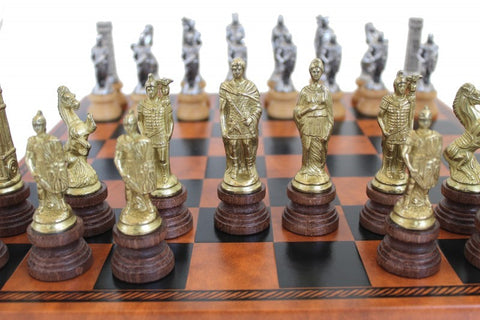 ROMANS VS BARBARIANS: Metal Chess Set with Black/Brown Leatherette Chessboard