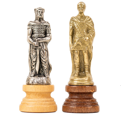 ROMANS vs BARBARIANS: Metal & Wood Chess Pieces with Leatherette Chessboard/Box