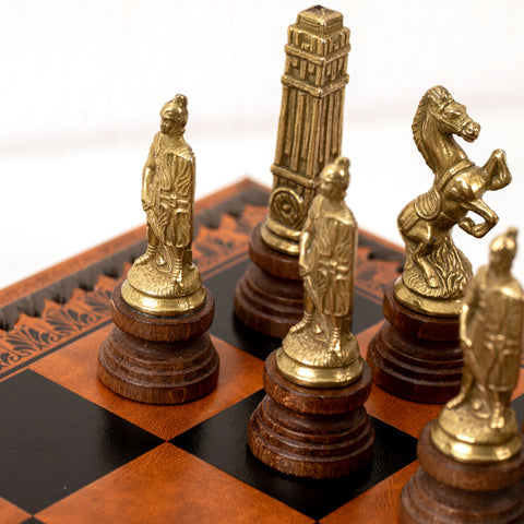 ROMANS vs BARBARIANS: Metal & Wood Chess Pieces with Leatherette Chessboard/Box