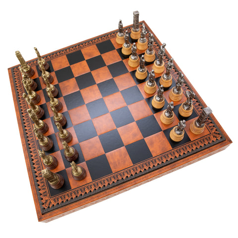 ROMANS vs BARBARIANS: Metal & Wood Chess Pieces with Leatherette Chessboard/Box