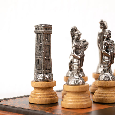 ROMANS vs BARBARIANS: Metal & Wood Chess Pieces with Leatherette Chessboard/Box