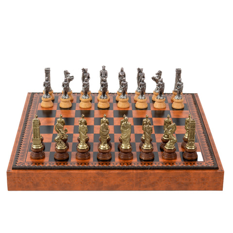 ROMANS vs BARBARIANS: Metal & Wood Chess Pieces with Leatherette Chessboard/Box