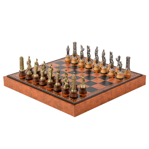 ROMANS vs BARBARIANS: Metal & Wood Chess Pieces with Leatherette Chessboard/Box