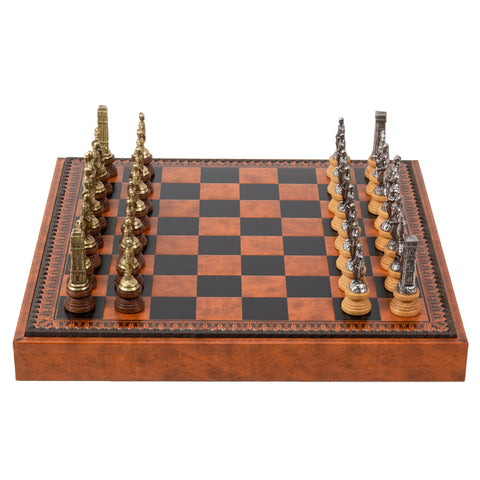 ROMANS vs BARBARIANS: Metal & Wood Chess Pieces with Leatherette Chessboard/Box