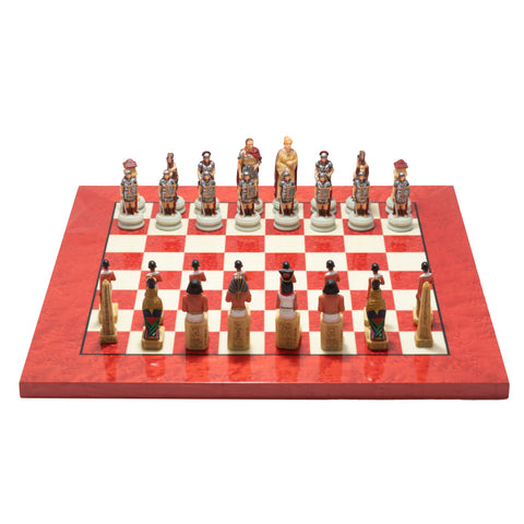 ROMANS vs EGIPTYANS: Handpainted Chess Set with Briar Erable Chessboard