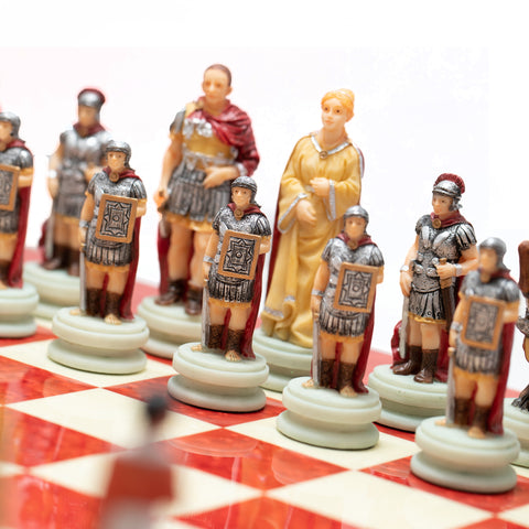 ROMANS vs EGIPTYANS: Handpainted Chess Set with Briar Erable Chessboard