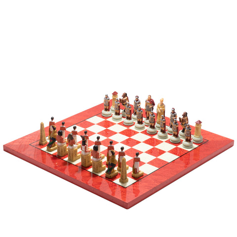 ROMANS vs EGIPTYANS: Handpainted Chess Set with Briar Erable Chessboard