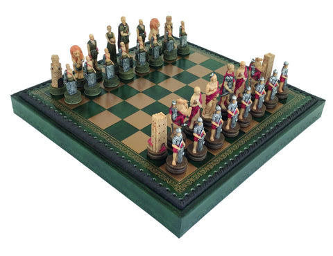 ROMANS vs GLADIATORS: Handpainted Chess Set with Green Leatherette Chessboard & Box