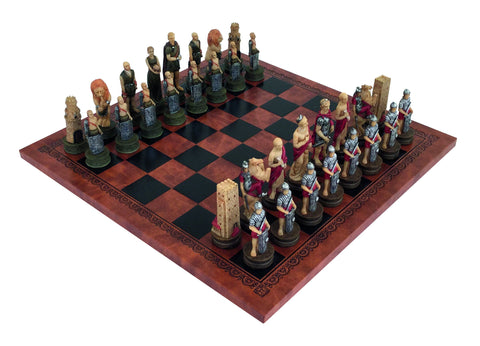 ROMANS vs GLADIATORS: Handpainted Chess Set with Leatherette Chessboard