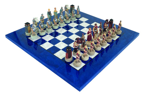 ROMANS vs GREEKS: Handpainted Chess Set with Beautiful Briar Erable Chessboard