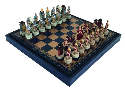 ROMANS vs GREEKS: Handpainted Chess Set with Leatherette Chessboard & Box + Checker Set