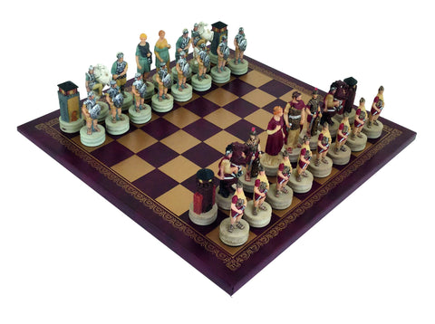 ROMANS vs GREEKS: Handpainted Chess Set with Leatherette Chessboard