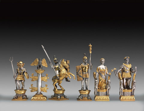 24K Gold Plated Bronze Chess Set, Romans vs Egyptians, Table & Chairs, Italy