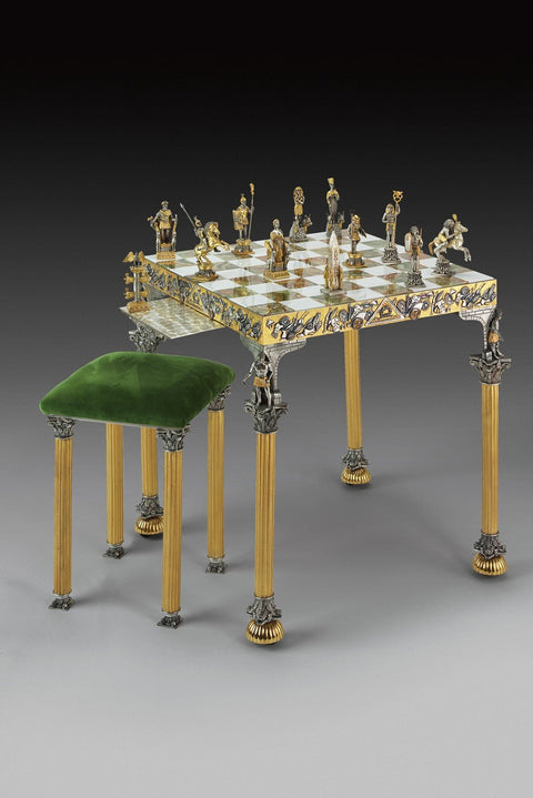 24K Gold Plated Bronze Chess Set, Romans vs Egyptians, Table & Chairs, Italy