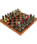 RUSSIANS VS MONGOLIANS: Handpainted Chess Set with Leatherlike Chess Board
