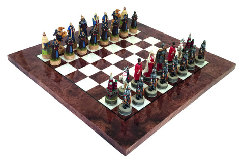 RUSSIANS vs MONGOLIANS: Handpainted Chess Set with Glossy Briar Elm Wood Chessboard