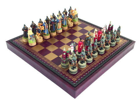 RUSSIANS vs MONGOLIANS: Handpainted Chess Set with Leatherette Chessboard/Box