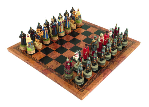 RUSSIANS VS MONGOLIANS: Handpainted Chess Set with Leatherlike Chess Board