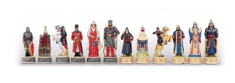 RUSSIANS VS MONGOLIANS: Handpainted Chess Set with Leatherlike Chess Board