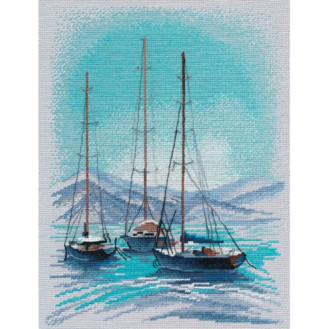 Cross Stitch Kit with Azure Bay Seascape, Pattern, Fabric, Threads, Needle and Instructions, Blue Turquoise Coastal Wall Decor, Oven