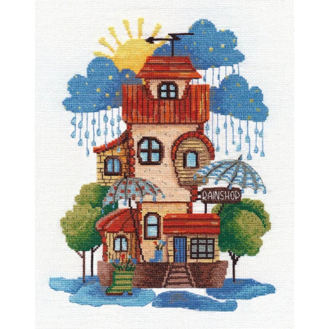 Cross Stitch Kit with City Rain Scene, Cotton Aida Fabric, Multicolor Threads, Needle, Chart and Instructions by Oven