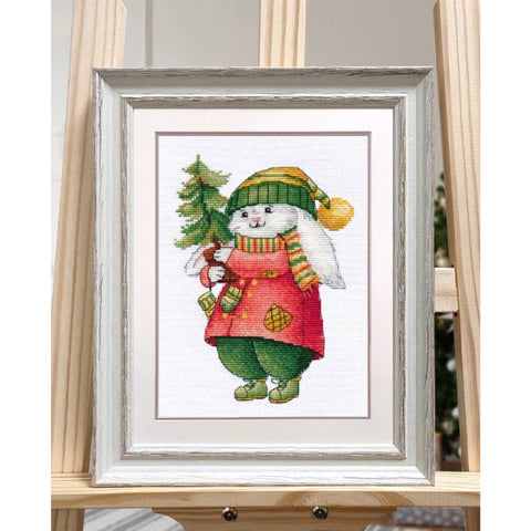 Christmas Cross Stitch Kit with Bunny and Tree, Beginner-Friendly Holiday Embroidery, Oven, Winter Home Decor or Framing