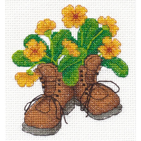 Oven Cross Stitch Kit with Garden Shoes Design, Canvas, Cotton Thread, Needle and Pattern for Home Decor, Beginner-Friendly Craft