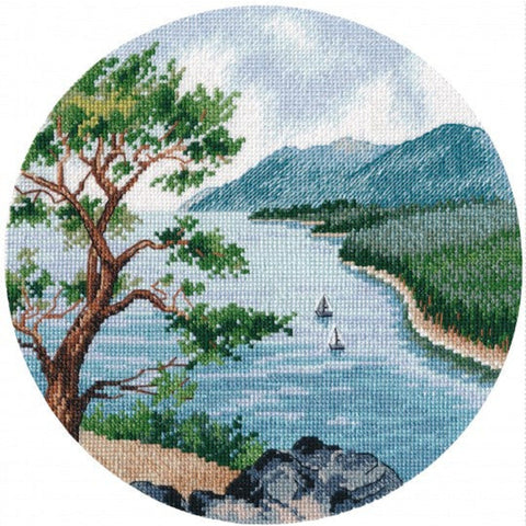 Cross Stitch Embroidery Kit with Lake Baikal Landscape, Oven, Canvas, Cotton Threads, Needle, Color Chart and Instructions