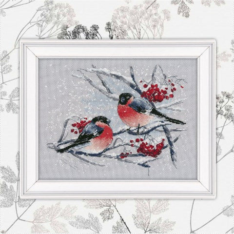 Cross Stitch Kit Snow Buntings on Rowan, Complete Set with Fabric, Threads, Needle and Pattern, Oven