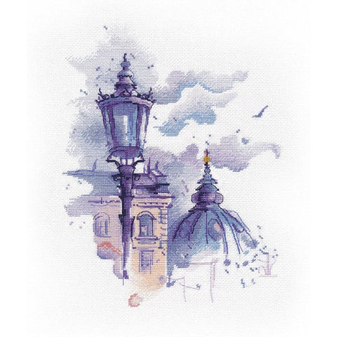 Cross Stitch Embroidery Kit with Architecture and Street Lamp Design, Urban Scene, Oven