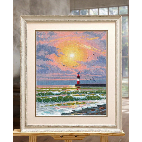 Lighthouse Cross Stitch Kit, Sea Landscape Embroidery Pattern, Blue Gray and White Nautical Decor, Beginner to Advanced, Oven