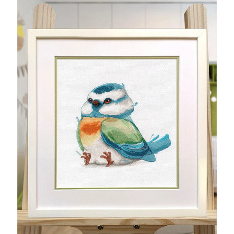 Cross Stitch Kit with Tit Bird on Branch, Fabric, Pattern, Threads, Needle & Instructions, Beginner Embroidery, Oven