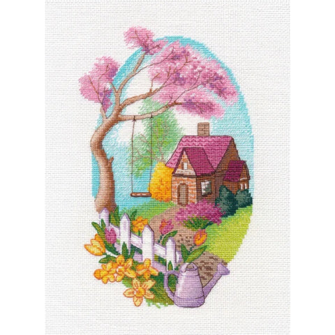 Spring Floral Cross Stitch Kit with Cotton Threads, Fabric, Needle, Chart and Instructions