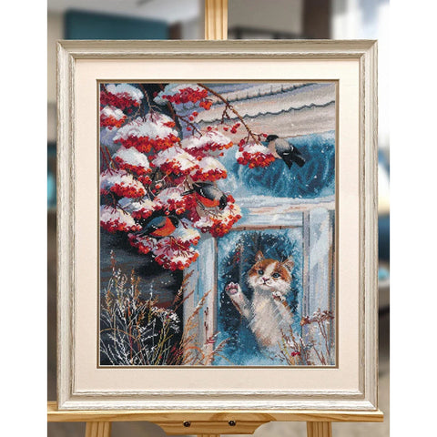 Cross Stitch Embroidery Kit, Winter Window Scene, Canvas, Needle and Cotton Threads, Oven Brand, Home Wall Decor, Beginner Friendly