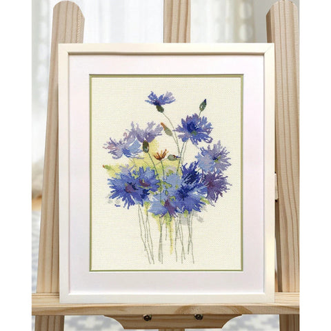 Blue Flowers Cross Stitch Kit, Oven Embroidery Set with Canvas, Floss, Needle and Pattern for Wall Decor and Framing