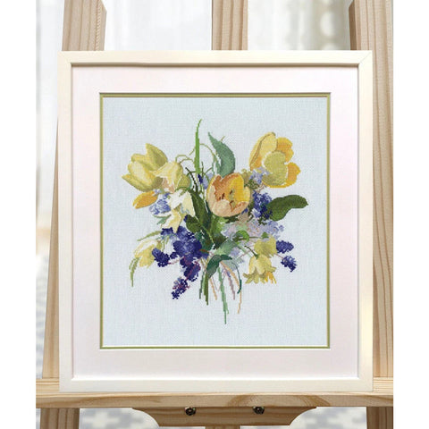 Cross Stitch Embroidery Kit, Spring Bouquet Pattern, Soft Pastel Colors, Canvas, Threads, Needle, Chart and Instructions by Oven