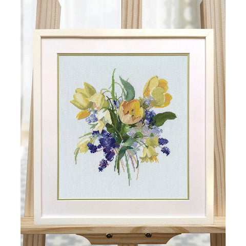 Cross Stitch Embroidery Kit, Spring Bouquet Pattern, Soft Pastel Colors, Canvas, Threads, Needle, Chart and Instructions by Oven
