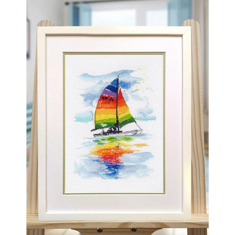 Catamaran Cross Stitch Kit, Nautical Design, Multicolor Embroidery Set with Fabric, Threads, Needle, Pattern and Instructions by Oven