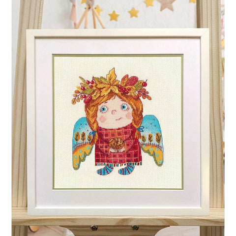 Autumn Angel Counted Cross Stitch Kit, Oven, Embroidery Canvas, Cotton Threads, Needle, Pattern and Instructions, Earthy Tones