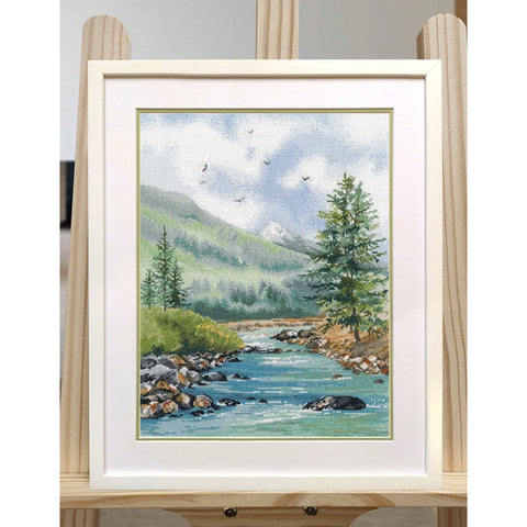Mountain River Cross Stitch Kit, Landscape Pattern with Aida Canvas, Cotton Threads, Needle and Instructions by Oven