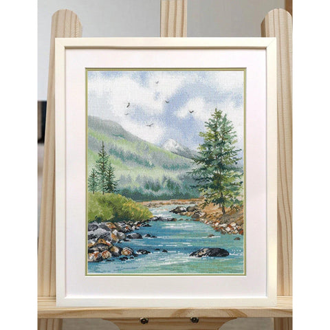 Mountain River Cross Stitch Kit, Landscape Pattern with Aida Canvas, Cotton Threads, Needle and Instructions by Oven