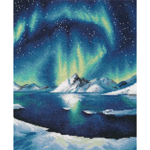 Cross Stitch Embroidery Kit with Northern Lights Night Landscape, Green Blue Purple Tones, Oven, Beginner and Advanced DIY Wall Decor