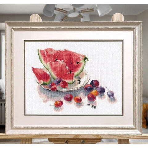 Cross Stitch Embroidery Kit, Watermelon Still Life with Fruit Table, Colorful Home Decor Project by Oven